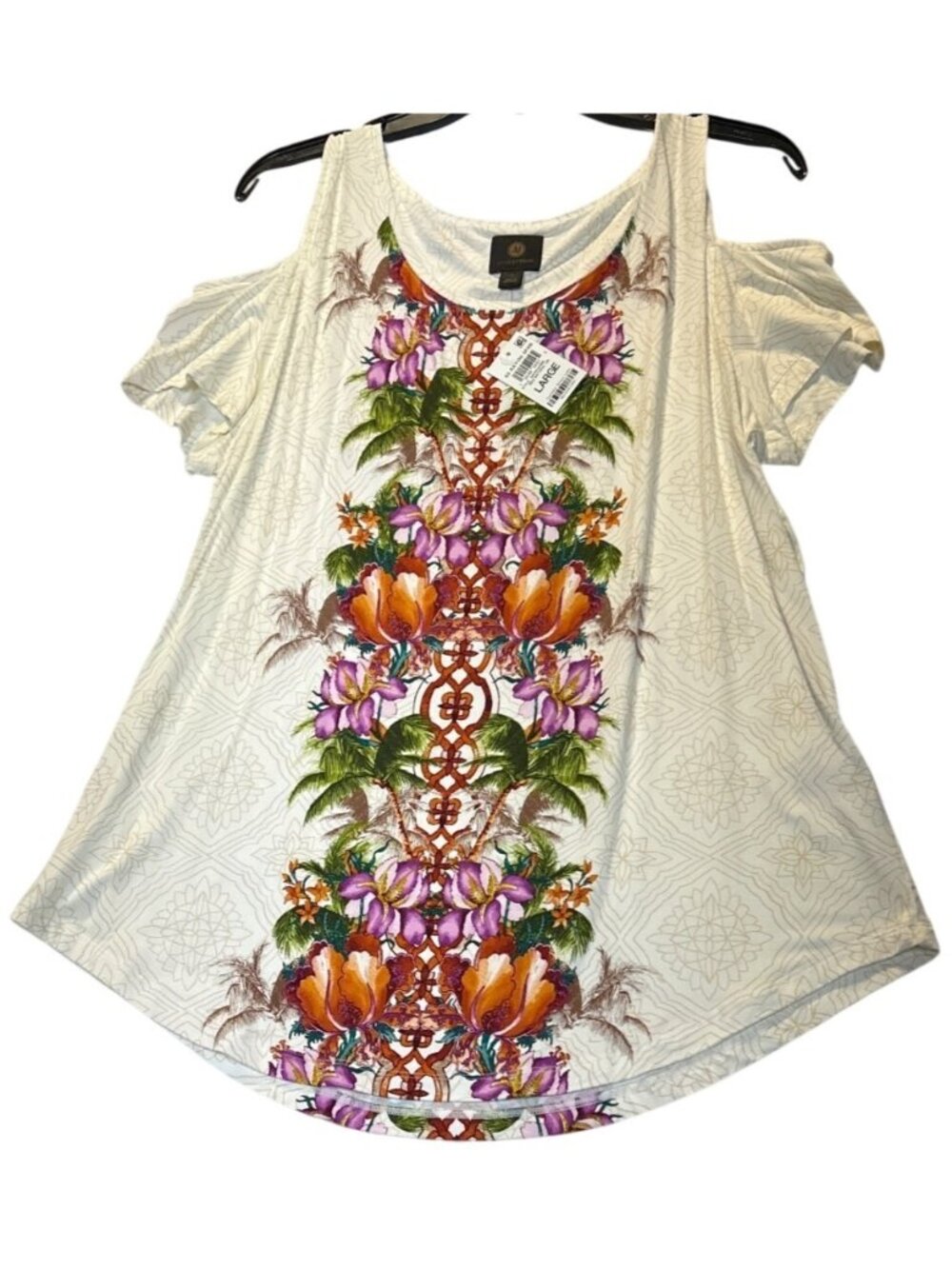 JM Collection Size Large Cold Shoulder Floral Print Top With Multicolor Design